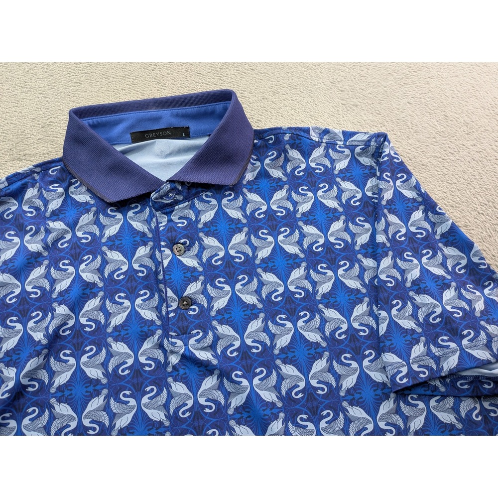 Greyson Mens Blue Swan Print Golf Polo Shirt Size Large Stretch Short Sleeve